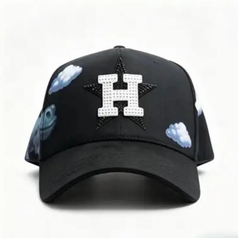 DANDY Cloud Print Trucker Hat Rhinestone H Star Embroidery Snapback Cap Cartoon Dinosaur Graphic Baseball Cap Vintage Hip Hop Streetwear Hat For Men Women