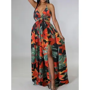 Women'sFloralPrintChainDecorSplitThighTieBackCamiDress,ElegantBohemianCasualRingLinkedHalterBacklessMaxiDressforBeachHolidayVacation,DressesforWomen,LadiesSummerClothes,Womenswear,DressesforWomen