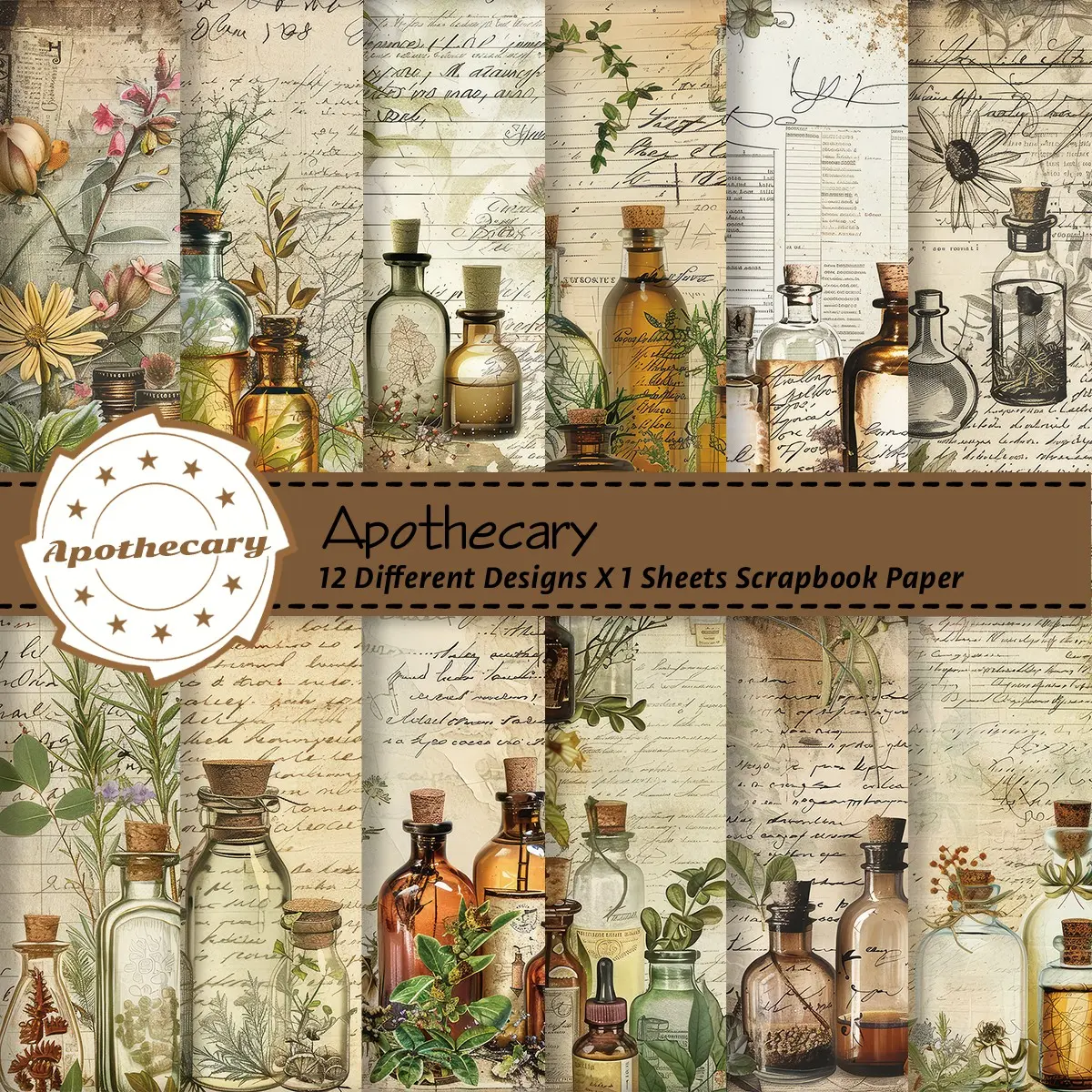 Mysterious Potion Journal Paper Set, Vintage Style, Includes 12 Sketch Papers & Herbal Plant Background Stickers, Halloween Magic Theme, Diy Craft Paper, Scrapbooking Paper