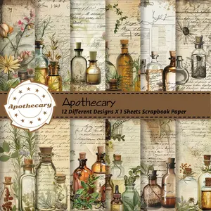 Mysterious Potion Journal Paper Set, Vintage Style, Includes 12 Sketch Papers & Herbal Plant Background Stickers, Halloween Magic Theme