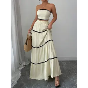 Women'S Elegant Off-Shoulder Strapless Maxi Skirt Set - Beige with Black Stripes, High-Waisted Flowy Skirt, Casual Polyester Blend, Perfect for Spring/Summer, Casual Attire|Strapless Top|Polyester Blend