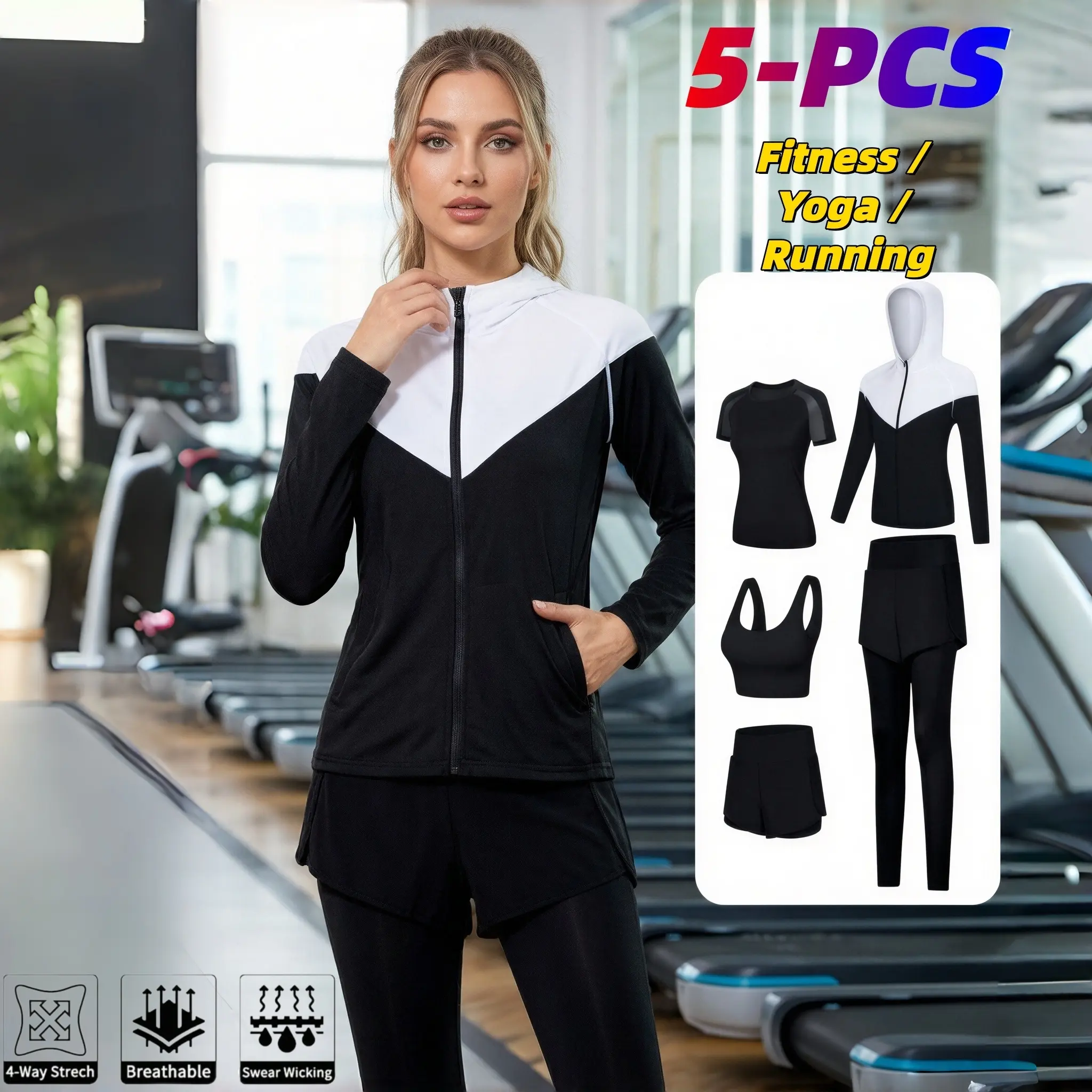 Five-piece women’s outdoor sports color-block hooded fitness set featuring a faux two-layer long pants design; quick-drying, stretchy yoga wear that is breathable and prevents overheating; running training sportswear set.