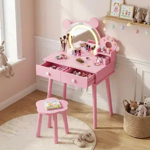 Bear-Shaped Kids Vanity Table and Chair Set with LED Lighted Mirror, Wooden Princess Makeup Desk with Storage Drawers for Girls Bedroom, Birthday Gift, Pink or Purple