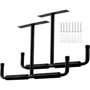 PrimPick Overhead Garage Storage Hooks Rack Ceiling Mounted, Heavy Duty Utility Hooks Ladder Hanger for Hanging Hose Pipe Lumber & Other Bulky Items (2 Pack, Black)