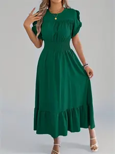 Women's Solid Color  Ruffle Trim  Dress, Casual Fitted Short Sleeve Round Neck Dress for Summer, Ladies Clothes for Daily Wear