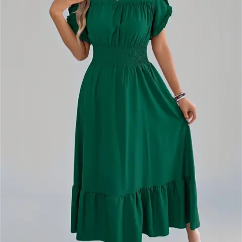 Women's Basic Solid Color Breathable Ruffle Trim Dress, Womenswear Fitted Short Sleeve Round Neck Dress for Summer, Ladies Clothes for Daily Wear, Casual Summer Dresses
