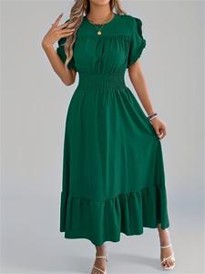 women's solid color ruffle trim dress, casual short sleeve round neck dress for summer, ladies clothes for daily wear, summer dresses, wedding guest dress, womenswear