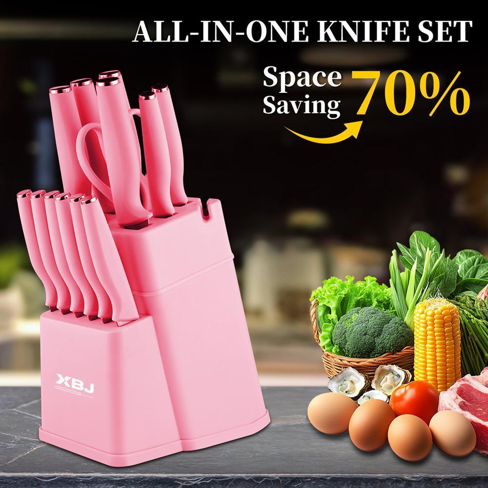 15-PCS Kitchen Knife Set: Solid Wood & Plastic Knife Block, Including Chef's Knife, Japanese-Style Knife, Meat/Vegetable Knife, Chicken Bone Knife, German-Style Steak Knife. Multi-Color Stainless Steel, Ideal for Home Storage & Gifting. Silicone Cutting