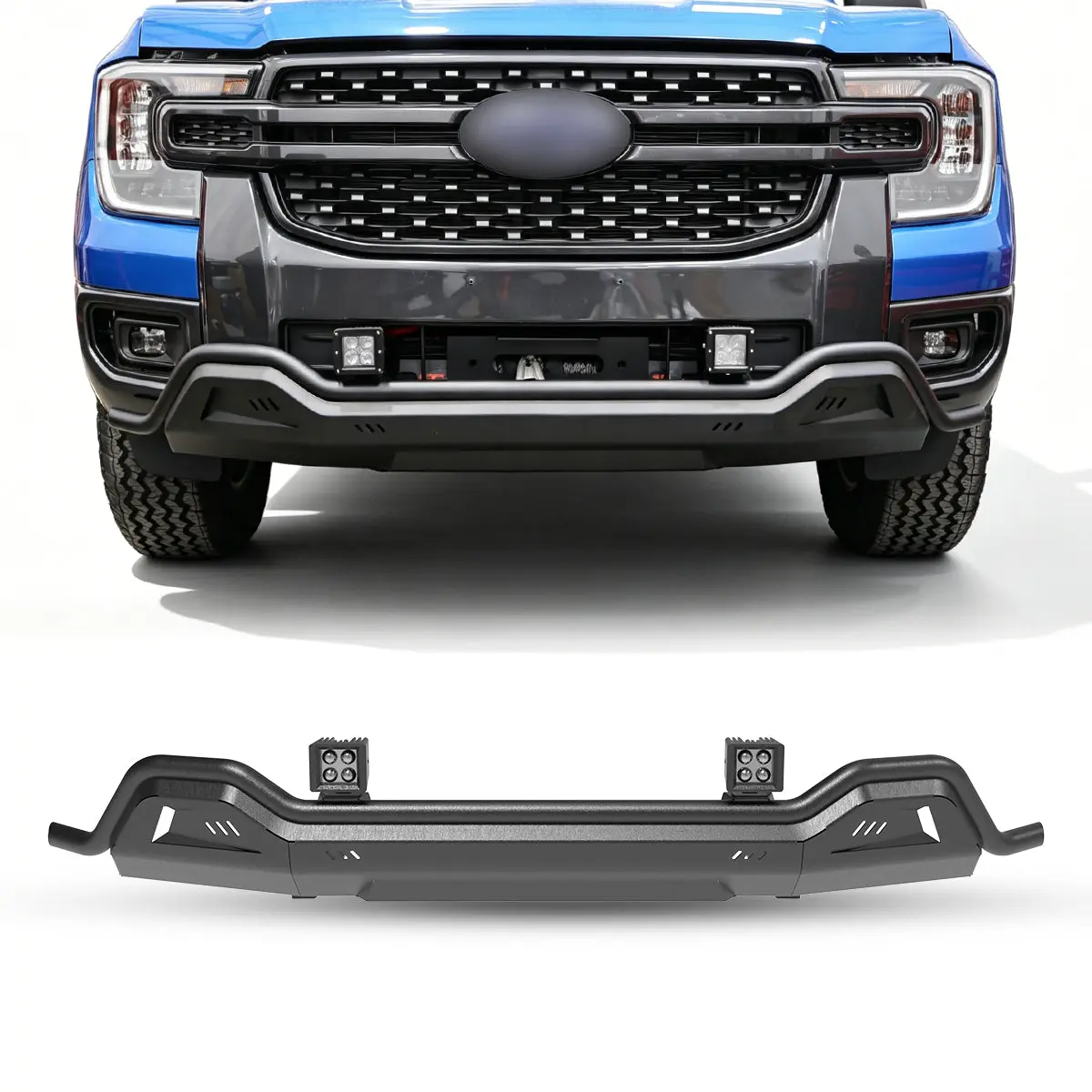Wolfstorm Front Bumper Assembly, Carbon Steel 1-Piece Design with Pair of Pod Lights, Easy Installation Fit for 2024-2025 Ford Ranger Auto Replacement Steel Bumper