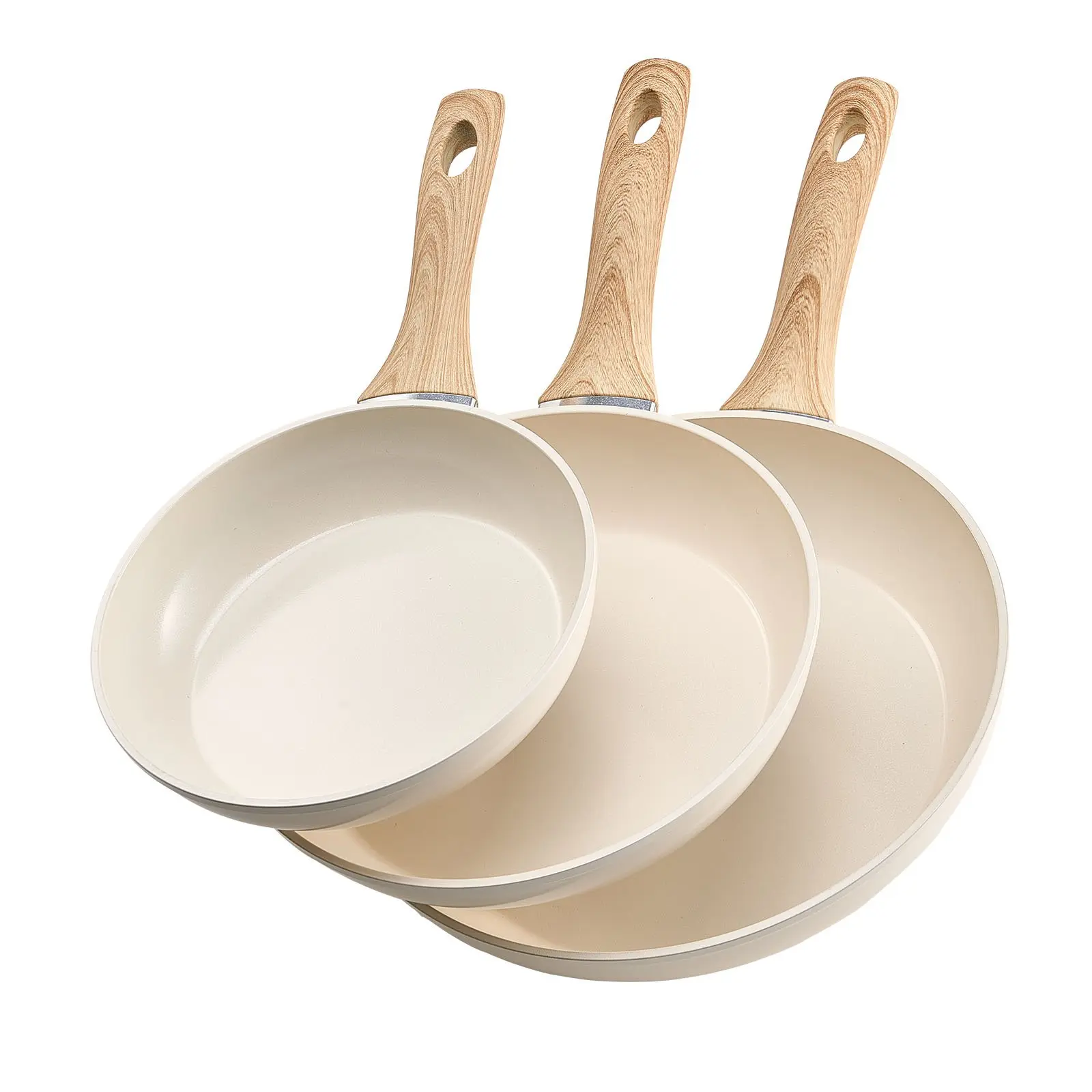 VEVOR 3-Piece Beige Aluminum Nonstick Cookware Set - 8/9.5/11 in Egg Frying Pans, Ceramic Coating, Heat-Resistant Wood Grain Handle, Oil-Efficient, Easy Maintenance, Dishwasher-Not-Safe, Gas/Electric/Induction Compatible