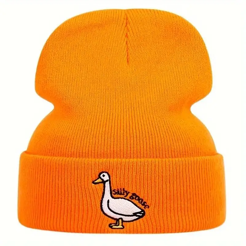 Silly Goose Knit Beanie with Charming Embroidery - Soft Acrylic Winter Cap for Men & Women, Lightweight & Cozy