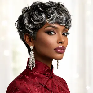 Alrence Short Grey Wigs for Black Women Grey Pixie Cut Wig Short Gray Wigs for Blcak Women Synthetic Gray Curly Pixie Wig for Old Women