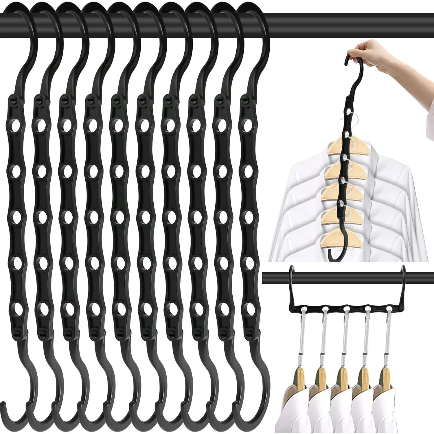 10 count Space Saving Hangers, 5-Hole Magic Hangers - Sturdy Plastic Hanger, Closet Organizers for Clothes Storage, College Dorm Essentials,  Organization (Black)