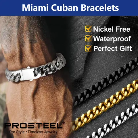 PROSTEEL Miami Cuban Chain Bracelets, 14K Gold Plated/Steel/Black With Upgrade Buckle Clasp Durable Golden Black Metal Filled Solid Stainless Steel Hand Chain Jewelry for Men Women with Gift Box