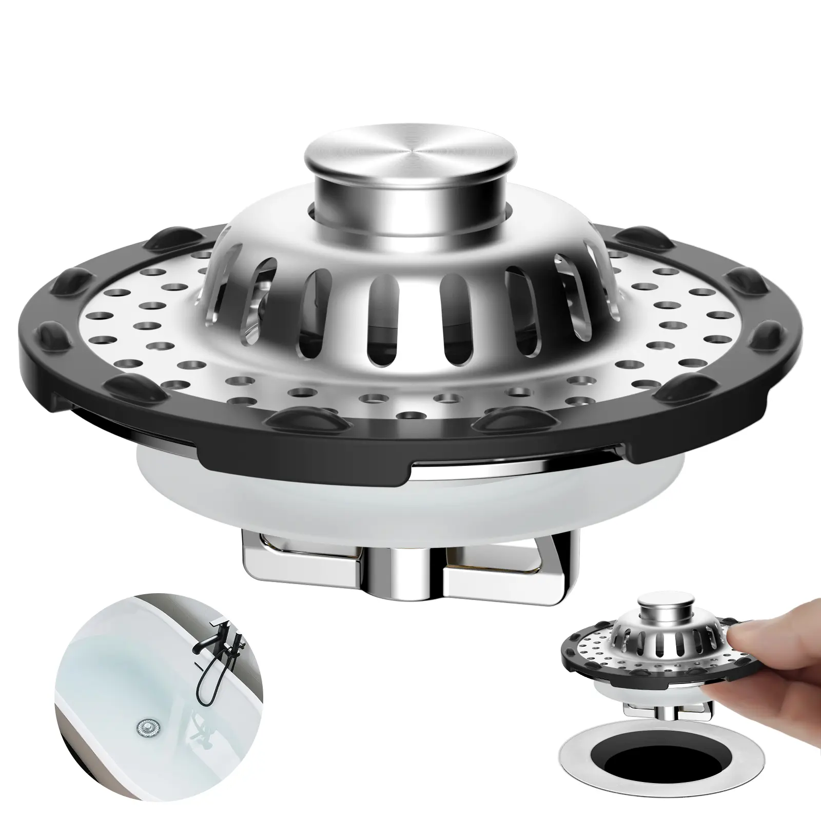 Hibbent Chrome 3-in-1 Pop-up Bathtub Drain Stopper, Bathroom Fixture Accessory with Visible Top Hair Catcher, Detachable Stainless Steel Filter Basket, Fits 1.5-2.4in Standard Drain Holes