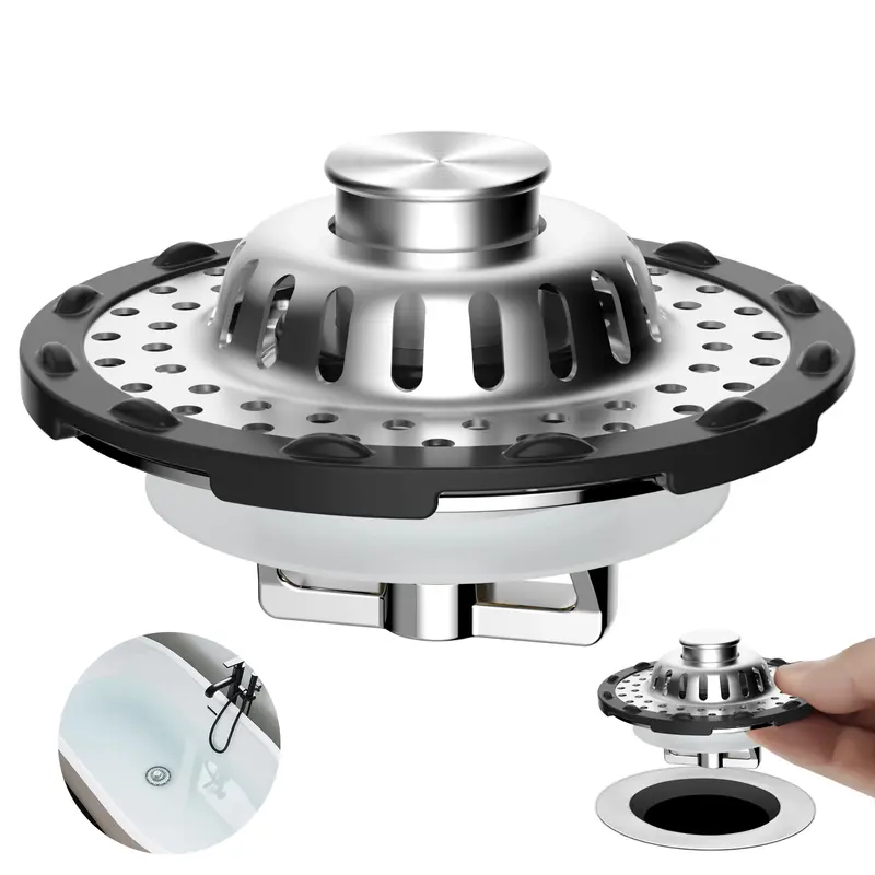 Hibbent Chrome 3-in-1 Pop-up Bathtub Drain Stopper Bathroom Accessory with Visible Top Hair Catcher, Detachable Filter Basket, 3 Modes: Store/Flow/Filter, Fits 1.5-2.4" (1.53 to 2.4 inches) Standard Drain Holes, Home Essential
