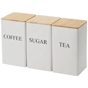 3Pcs TEA, COFFEE, SUGAR, Coffee Bar Storage combination set storage box, spice jar, can store tea, coffee, candy, spices, seasonings, etc., kitchen storage set, bamboo cover-metal container