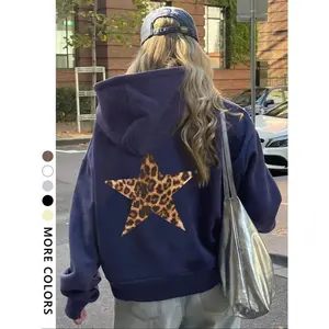 CuteHoodedSweatshirtwithLeopardPrintStarDesign,ParkeSweatshirtforFallWinterTravelBeachVacationBack-To-SchoolStreetwear