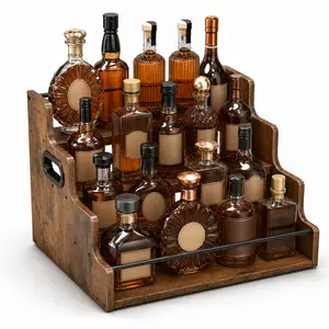 Multi-Tier Wooden Liquor Display Rack with Handle, Freestanding Wine Storage Organizer for Home Bar & Pantry Utensils Rustic