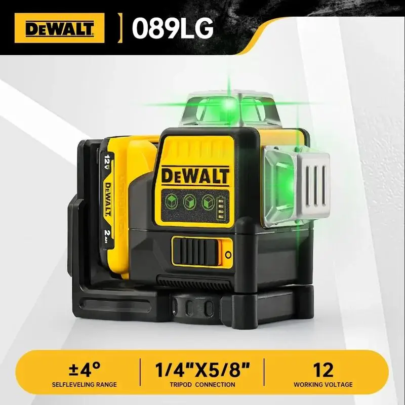 Dewalt NEW DW089LG Laser Level Kit, 12V Cordless 3-Side 12-Line 360-Degree Vertical/Horizontal Green Laser Level with Lithium Battery, Ideal for Outdoor Use (Includes Drill, Big Tool Set, Lawn Sweeper, Impact Wrench, Welder Machine for Dads)