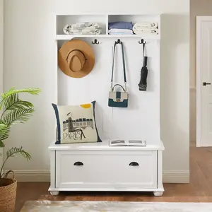 Hall Tree with Shoe Rack Bench and Coat Hooks for Hanging Storage, Modern Classic  Entryway Bench with Open Shelves and Shoe Cabinets 40.16"W x 18.58"D x 64.17"H