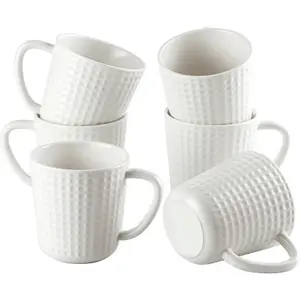Reusable Sturdy Washable 15 oz Ceramic Coffee Mugs Set of 6 (White) - Large Waffle Embossed Cups with Handle, Ideal for Latte, Cappuccino, Housewarming or Wedding Presents