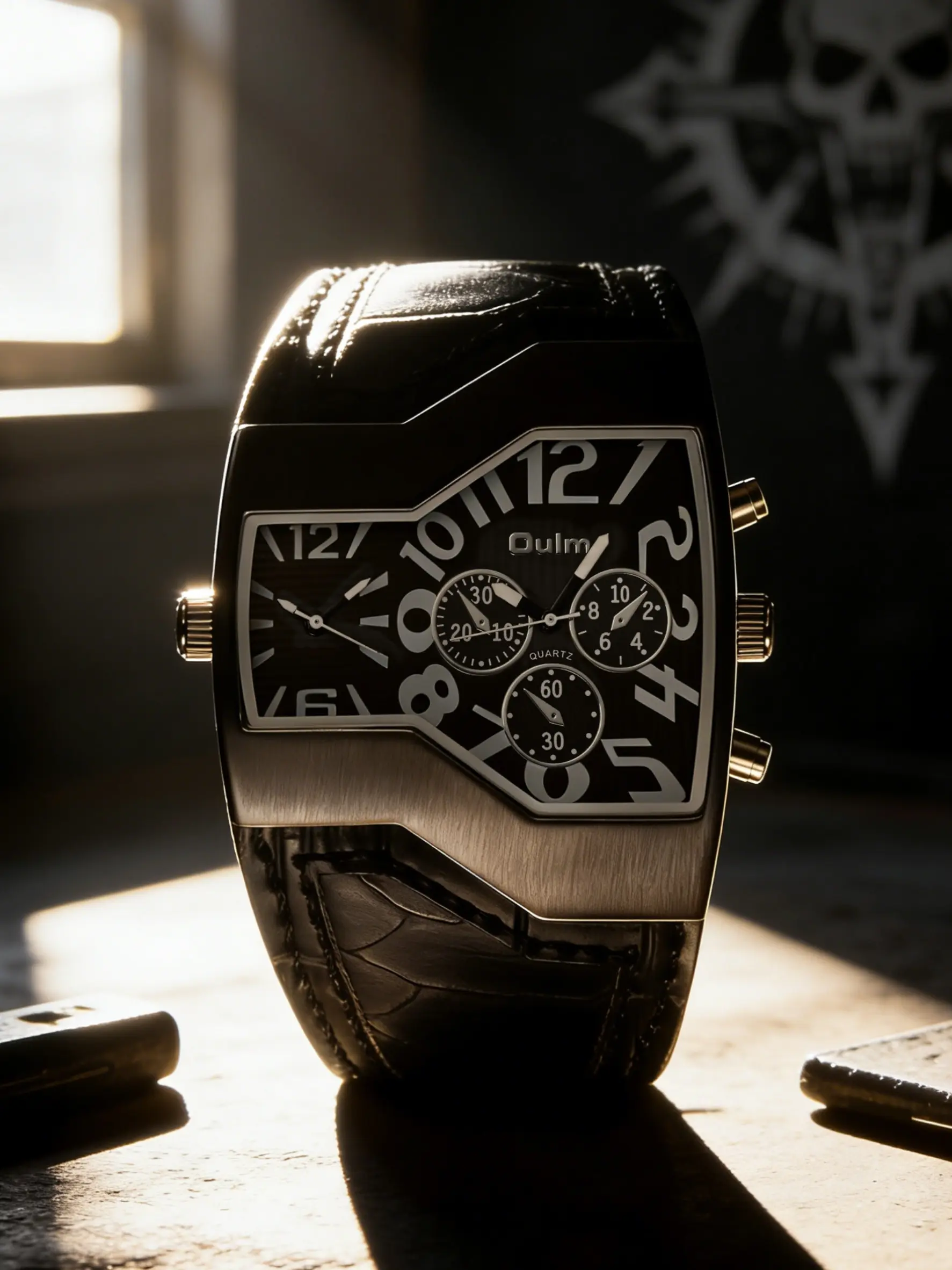 Men's Asymmetrical Watch Large Dial Dual Time Zone Design Snake Skin Strap Night Out Fashion Accessory