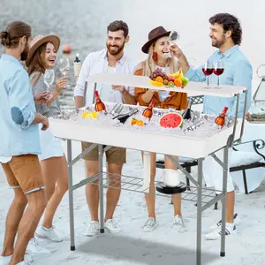 Homgava Outdoor Cooler Table with Drain, Folding Ice Cooler Table 4 Foot with Removable Matching Skirt, Portable Table Coolers for BBQ, Party, Camping, Wedding
