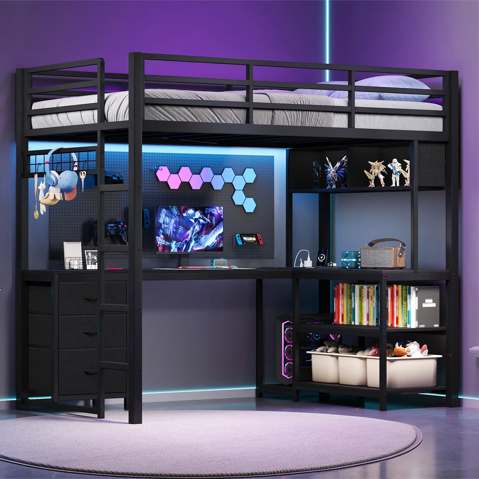 FUSOU Loft Bed Full Size with L‑Shaped Desk, RGB LED Lights, Black Metal Full Loft Bed with Charging Station, 3 Fabric Drawers, Open Shelves, Grid Pegboard, Space Saving for Teens Adults