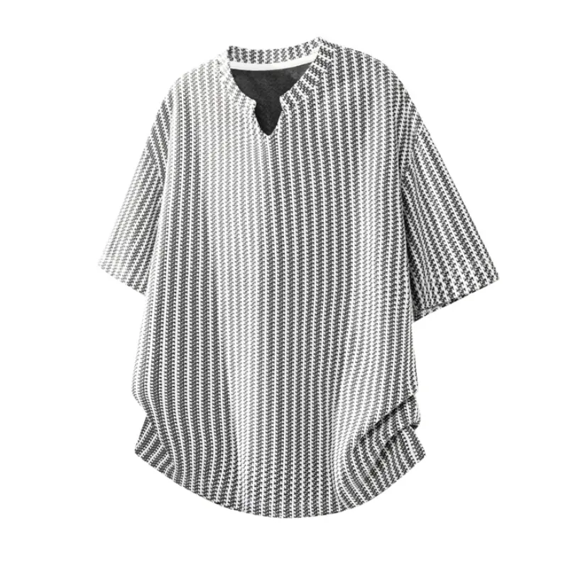 Men’s minimalist V-neck short-sleeve striped T-shirt from a trendy brand—loose fit with contrasting color stripe panels; casual and versatile pullover top, a wardrobe favorite for stylish individuals #SummerWins
