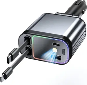 4 in 1 Retractable Car Charger with Starry Light,69W USB-C Fast Car Charger, for iPhone 17/16/15/14/13/12/11, Android,Pixel,Cigarette Lighter Charger (for Lightning+USB-C)