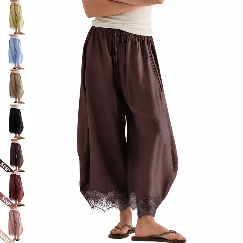 Buenoble Women’s Lace Hem Balloon Pants, Lightweight Rayon Casual Wide Leg Pants with Elastic Waist & Pockets