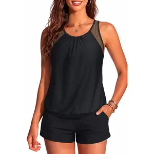 Women Blouson Tankini Swimsuit with Shorts - Two Piece Tummy Control Bathing Suit Modest Mesh Racerback Top with Pockets  SwimWeek  summervibes