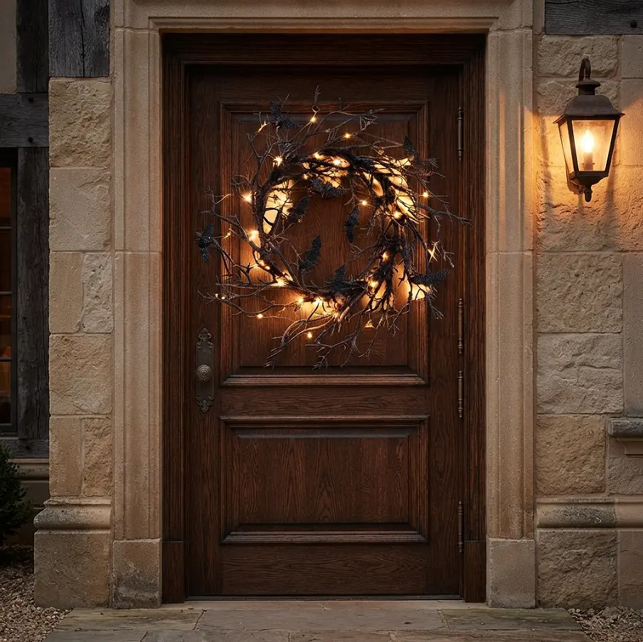 Lighted Halloween Black Twig Wreath for Front Door - Spooky Glitter Branch Wreath with Warm LED Fairy Lights & Creepy Bats, Pre-Lit Outdoor Hanging Garland Decoration for Home Porch, Farmhouse, Wall & Haunted House Holiday Party