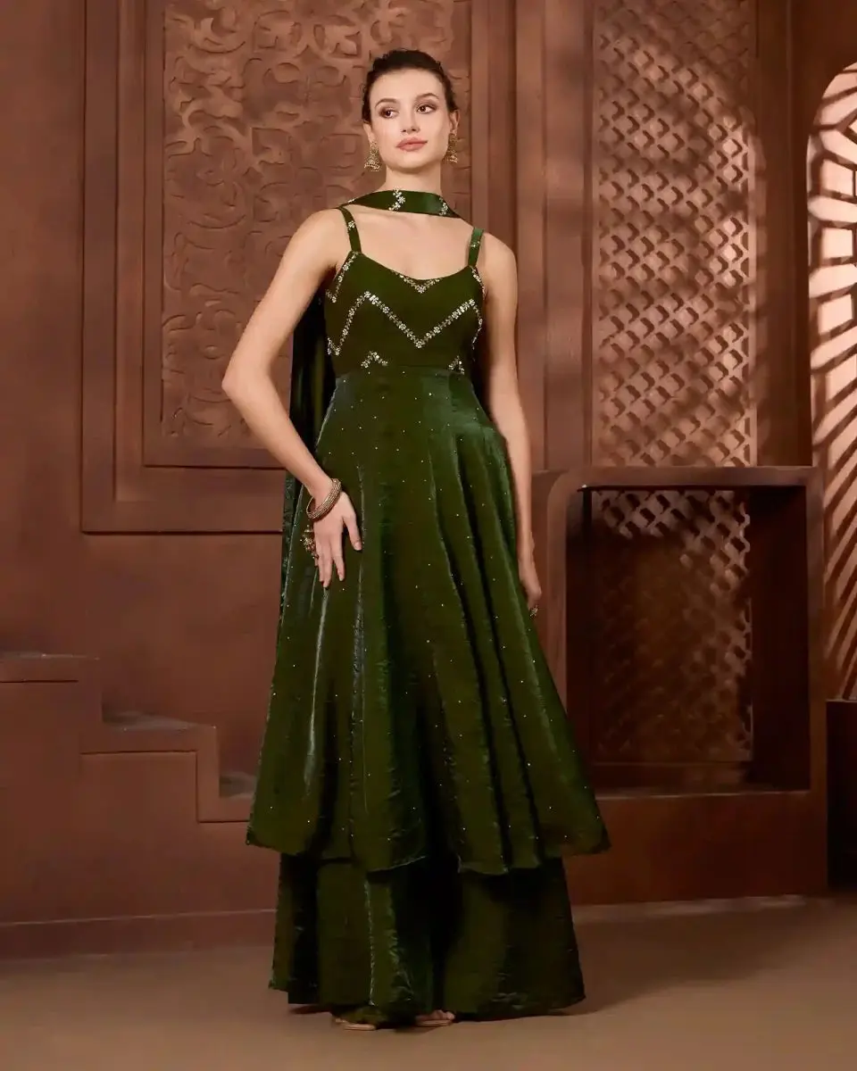 Women's Chic Shimmer Ayat Emerald Anarkali Sharara Set, Lightweight Essential Soft Formal Dress, Ethnic, Elegant, Embroidery, Evening, Fashion, Party, Sequin, Statement