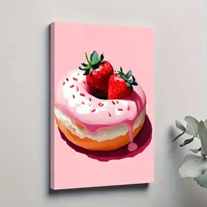 1pc Framed Canvas Poster - Strawberry Ice Cream Donut Wall Art, Sweet-Themed Pink Bakery Decor with Strawberries & Whipped Cream, Modern Wooden Frame for Bedroom, Living Room, or Kitchen, Kitchen Decor | Playful Art Piece | Wooden Frame Canvas