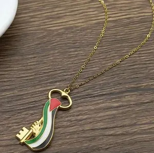 Gold Plated Necklace with Palestinian Flag Design Key Pendant Jewelry Accessory