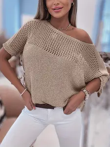 Women's Summer Off-Shoulder Knit Top, Casual Loose Batwing Sleeve Mesh Sweater, Breathable Short Sleeve Pullover, Beach & Street Style
