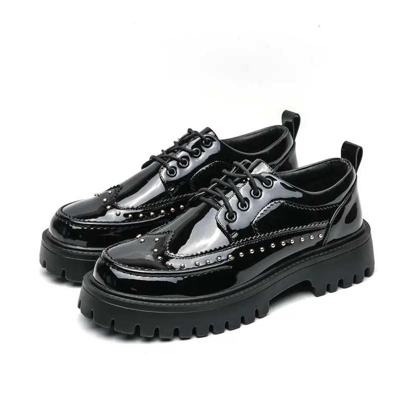 Men's Glossy Studded PU Leather Oxfords - Office Footwear, Lace-Up, Chunky Heel, Round Toe, Ankle Height, All-Seasons, CN38, for Business Casual Outfits