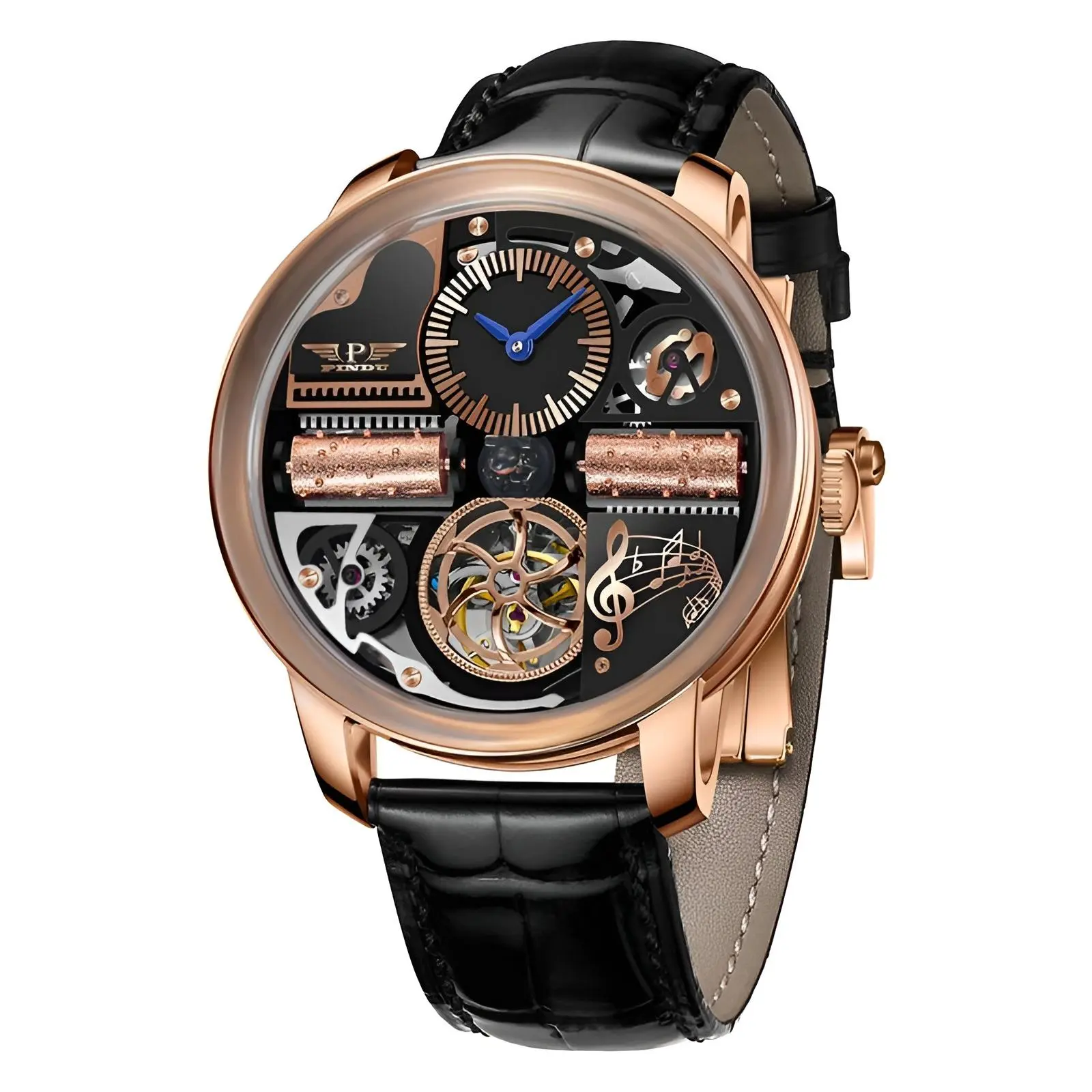 PINDU Men's 46mm Automatic Mechanical Movement Wristwatch - Exquisite Watch, Fashion Watch Jewelry, Cow Hide Leather, Round Dial, 5ATM (30M-50M) Water Resistance, Personalized Design, Ideal for Parties & Creative Outfits (No Sound/Music Functions)