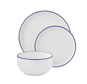 12-Piece Blue Rim Stoneware Dinnerware Set - Perfect for Family Meals