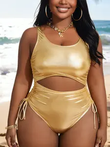 Women's Plus Size Cut Out Drawstring Bodycon One-Piece Sleeveless Swimsuit, Perfect for Beach Poolside, European Style Swimwear, Summer Swimsuit