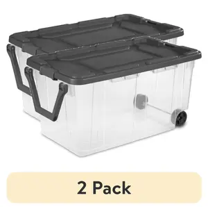 (2 pack) Sterilite 160 Quart Wheeled Storage Box, Extra Large Durable Clear Plastic Bin, Latch Lid, Gray, extra large storage bin, garage storage bin