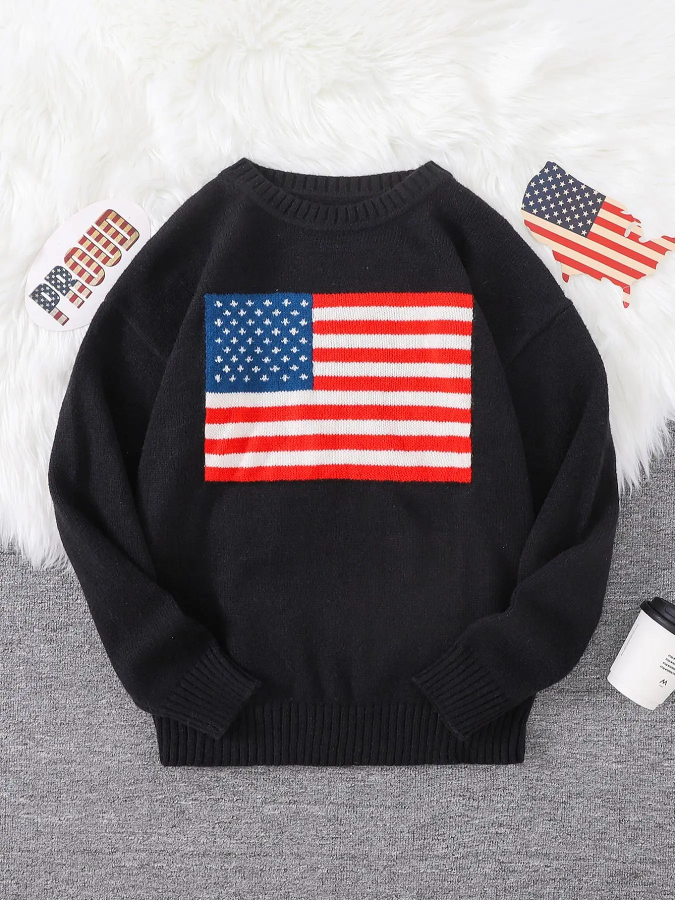 Men's Regular Fit American Flag Graphic Drop Shoulder Black Sweater, Casual Long Sleeve Round Neck Jumper, Stylish Pullover for Spring & Fall, Fashion Men's Knitwear for Daily Wear, Menswear