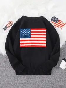 Men's Regular Fit American Flag Graphic Drop Shoulder Sweater, Casual Long Sleeve Round Neck Jumper for Spring & Fall, Fashion Men's Knitwear for Daily Wear, Menswear