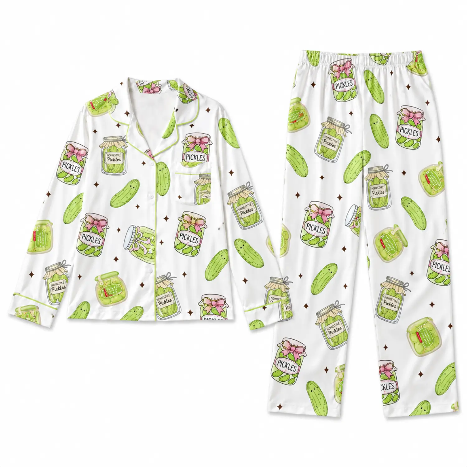Women's 2-Piece Long Sleeve Button-Front Top & Elastic Waist Pants, Green Pickle Print Loungewear & Sleepwear Pajama Set