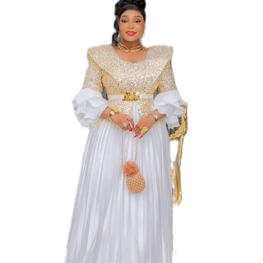 Elegant Unique Turkey Party Dress with Gold Sequins and Pleated Skirt for Special Occasions Featuring Puff Sleeves and Gold Belt
