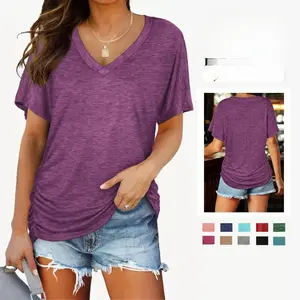 Women's short-sleeve V-neck batwing sleeve top, side pleated, loose fit shirt, new spring collection