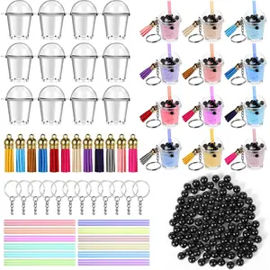 348 Pcs Mini Milky Keychain Accessories Kit with Keychain Rings, Mini Cup Pendants, Charm Straws, and 300 Bubble Beads for DIY Crafts