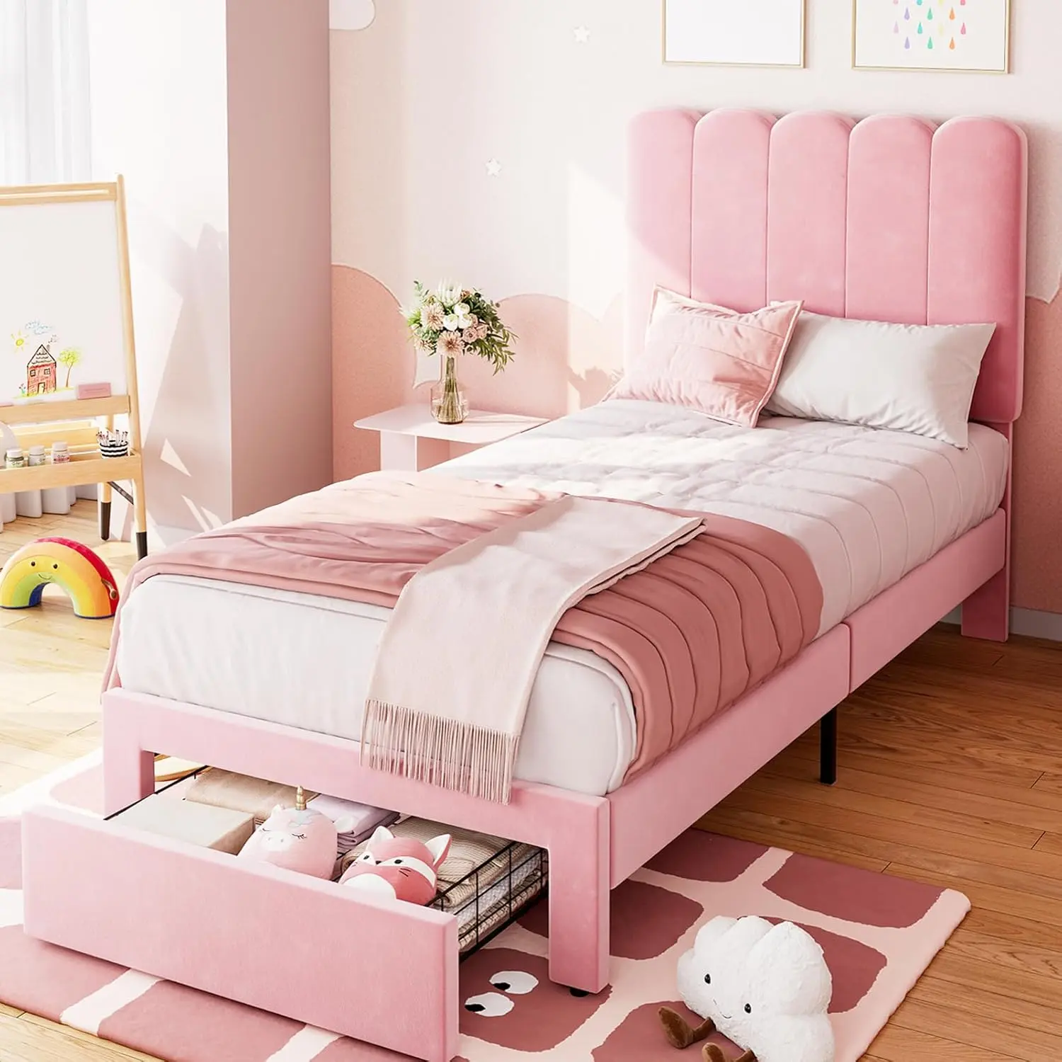 Twin Size Pink Velvet Upholstered Minimalist Metal & Wood Platform Bed Frame with Headboard, Storage Drawer, Slatted Bed Base, Silent Design, Short Low Profile, Easy Setup - Kids Furniture Bedroom Modern Indoor Furniture, Minimalist Platform Bed
